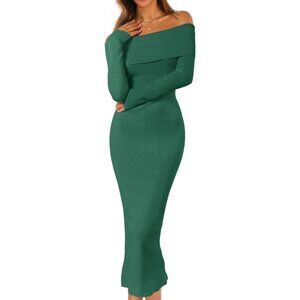 Merokeety Women's Darkgreen Off Shoulder Long Sleeve Elegant Bodycon Midi Dress